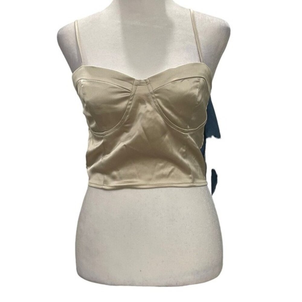 Forever 21 Cream Satin Bustier Crop Top With Adjustable Spaghetti Straps Smocked